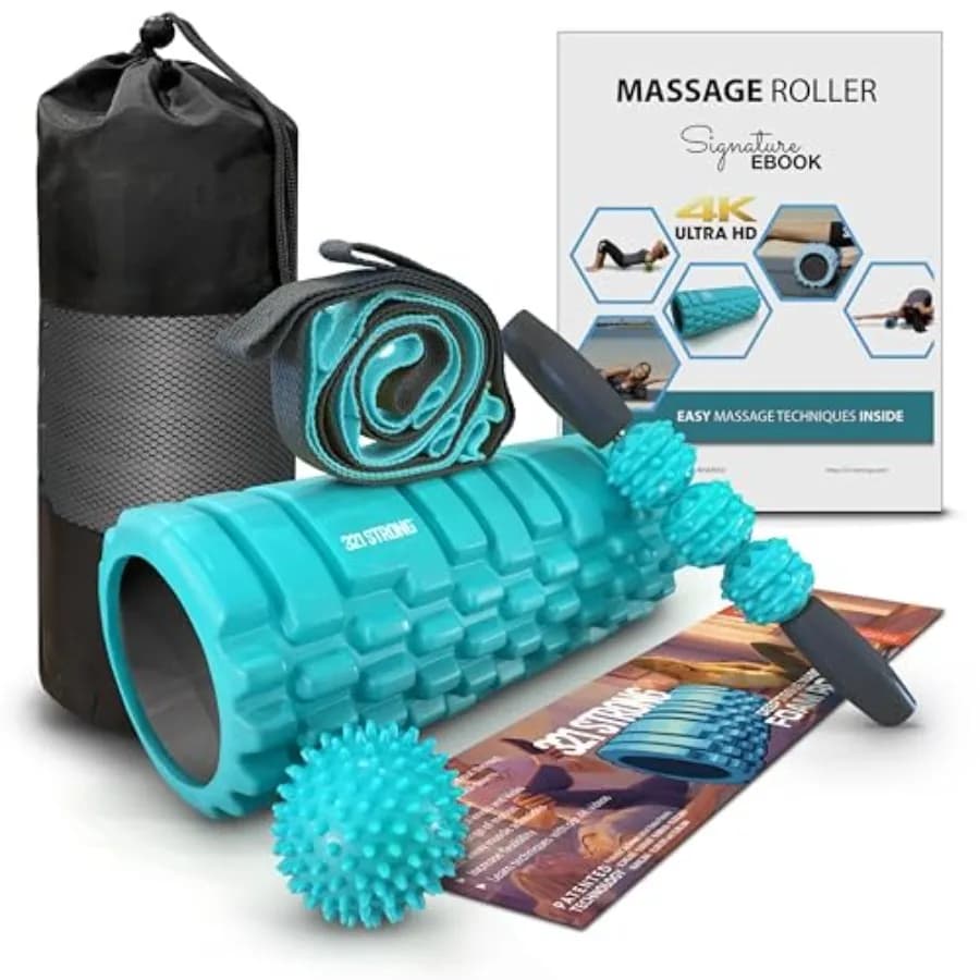 Set di Rulli in Schiuma 321 STRONG con: Rullo a Nucleo Cavo, Bastone Massaggiante Muscolare, Cinghia per Stretching, Palla con Punte, Guida per l'Iniziazione Rapida, Custodia