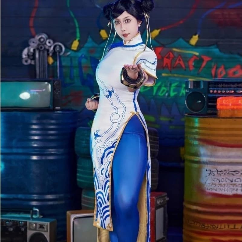 Gioco Chun-Li Costume Street Cosplay Fighter Blu Cheongsam Abito in stile cinese per le donne Gioco di ruolo Vestito Festa a tema