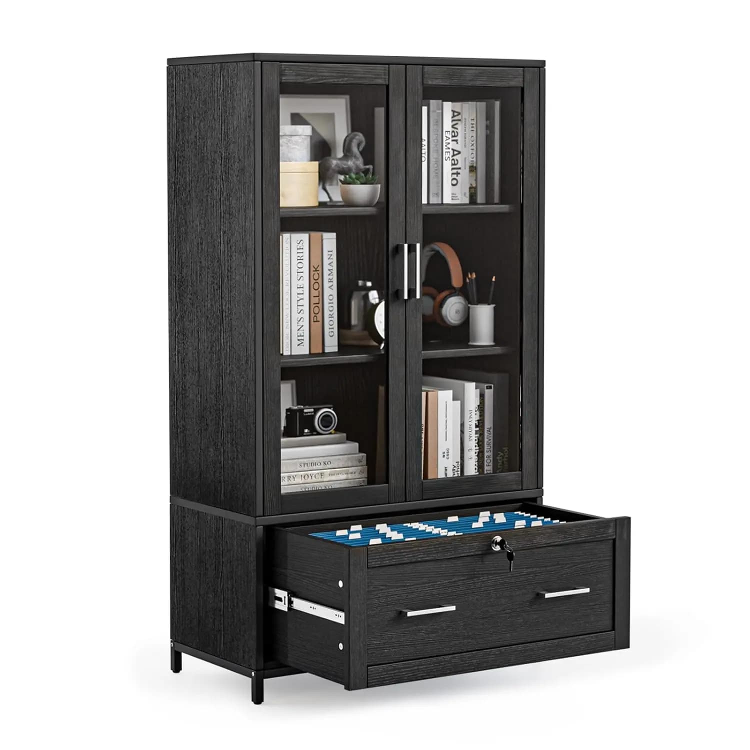 Lateral File Cabinet Glass Door Locking Drawer Hanging Folder Adjustable Shelf Home Office 30"W 16"D 55"H, Customized