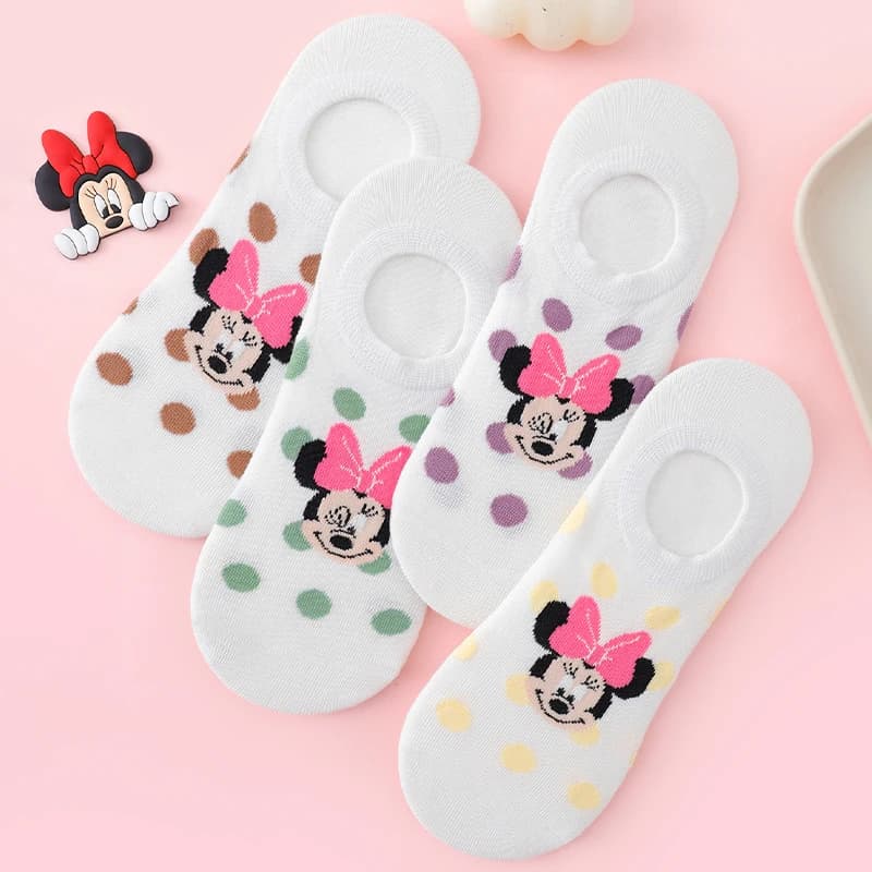 4 paia di calzini invisibili alla moda, dolci e carini, con motivo Minnie e stampa a pois, per calzini antiscivolo da donna