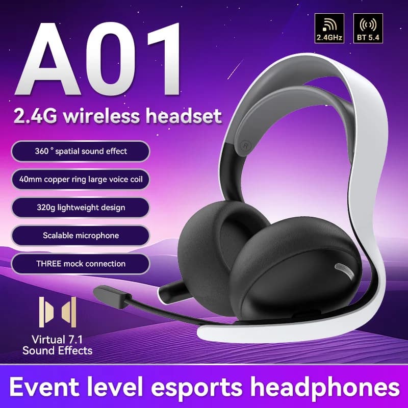 Cuffie da Gaming A01 Wireless/Cablate/BT 2.4G per PS5/PS4/PC, Cuffie E-sports con Cancellazione del Rumore, Audio Surround 7.1, Bobina Vocale da 40mm