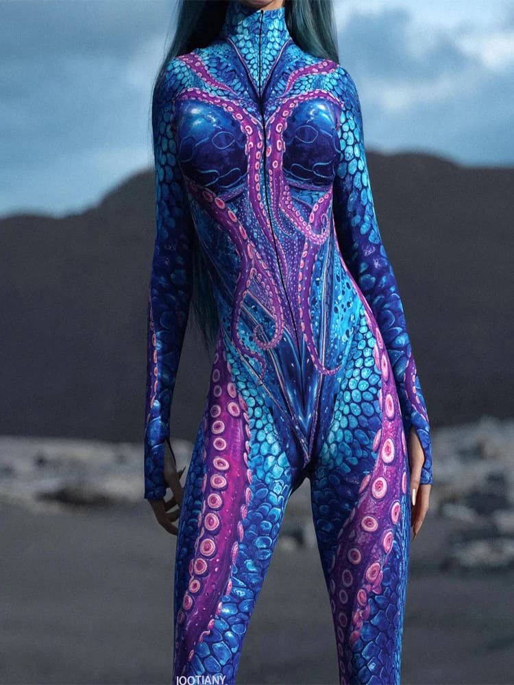 Halloween Party Role Play 3D Octopus Stamp Front Zipper Suit Adult Women Cosplay Role Play Carnival Zipper One-Piece Costume