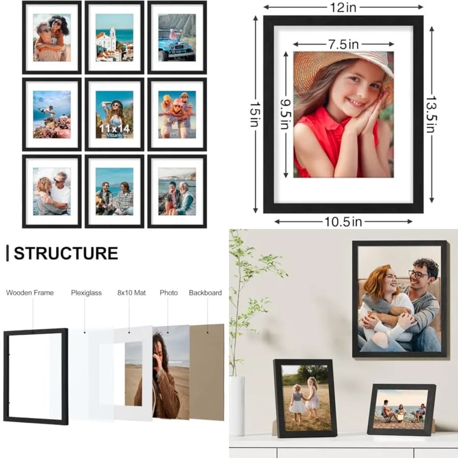 Set di 9 Cornici Portafoto, Plexiglass Antiurto, per Esporre Foto con o Senza Passepartout, Cornici per Parete o Tavolo