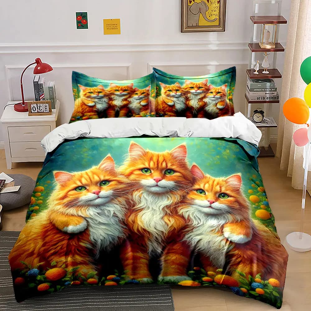 Set di biancheria da letto con stampa di tre adorabili gatti di colore ginger, 1 copripiumino, 2 federe per adulti e bambini, regalo di lusso, misura completa