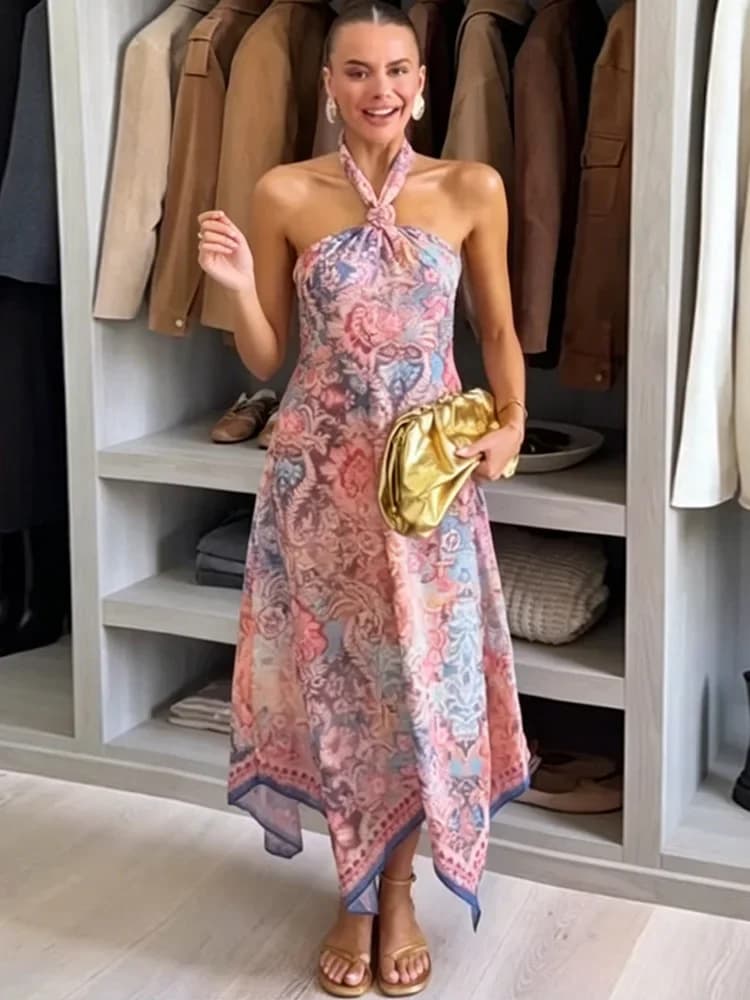 Printed Women's Halter Long Dress Sexy Off Shoulder Fold Backless Female Beach Lady Dresses 2026 Summer Holiday Lady Robe