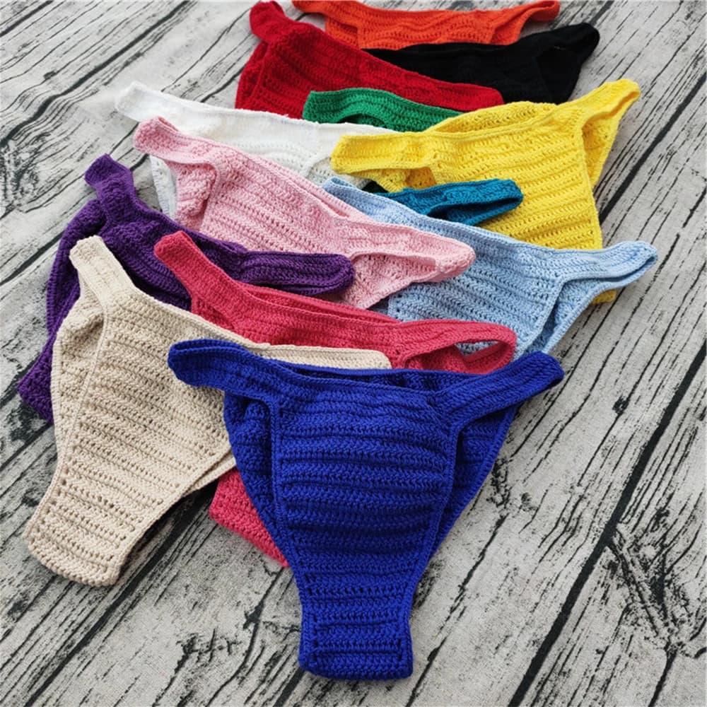 Uomo traspirante scava fuori lingerie confortevole biancheria intima a vita bassa slip all'uncinetto a mano Gstring costumi da bagno colorati per prendere il sole