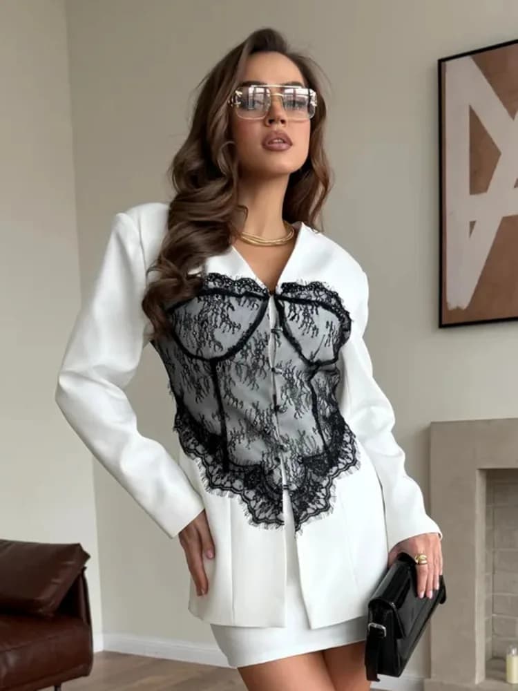 DFDG Abito Blazer da Donna Primaverile Estivo con Risvolto e Inserti in Pizzo, Vestito Elegante Formale da Festa, Abito Femminile di Tendenza 2026