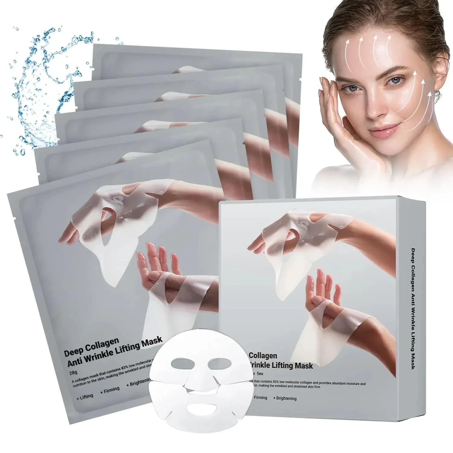 Maschera lifting antirughe al collagene profondo Maschera viso al collagene durante la notte, maschera al collagene profondo per sollevare il rassodante idratante (confezione da 5)