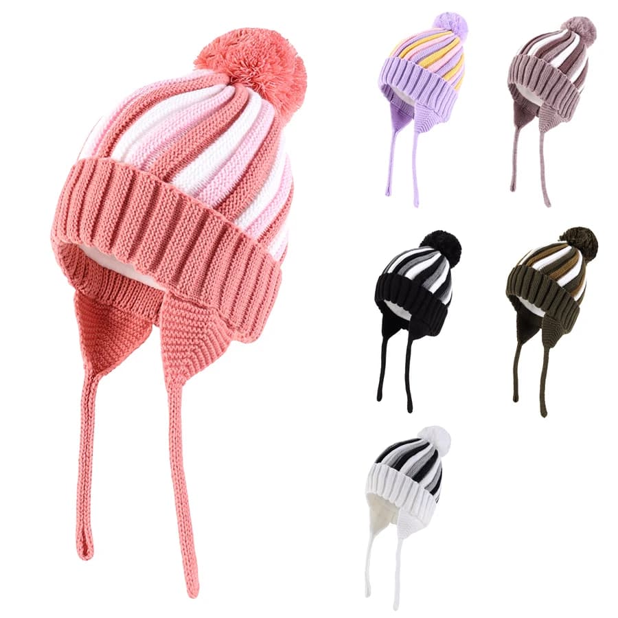 Simpatico berretto invernale con pompon per bambini, berretto caldo lavorato a maglia con paraorecchie per bambini, per ragazzi e ragazze, berretto foderato in pile