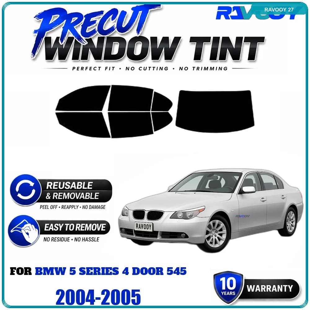 RAVOOY Precut Window Tint, Reusable Removable EPU Film, Custom Fit for Bmw 5 Series 4 Door 545 2004-2005, UV Heat Protection