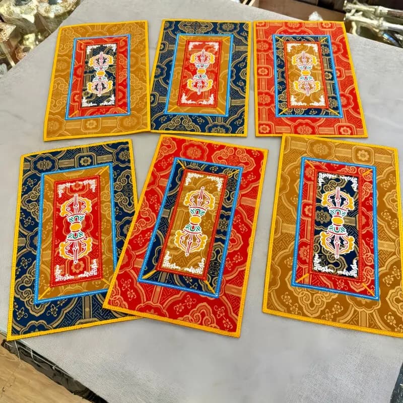 Tibetan Style Embroidery Ritual Cloth Mat Vajra Bell Drum Anti Slip Desktop Fabric Pad Border Emboss Craft Ornament Household