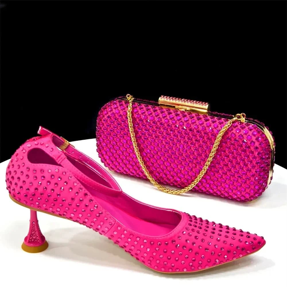 2026 Chic Fuchsia Color Women's Heels and Bag Set – Elegant Rhinestone Designer Shoes for Weddings & Special Occasions