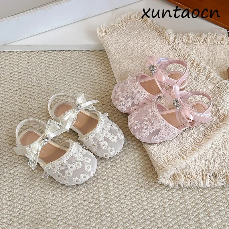 Girls Half Sandals with Lace Bow Children Toes Capped Princess Sandals Mesh Kids Summer Beach Shoes Soft Sole Size 21-30