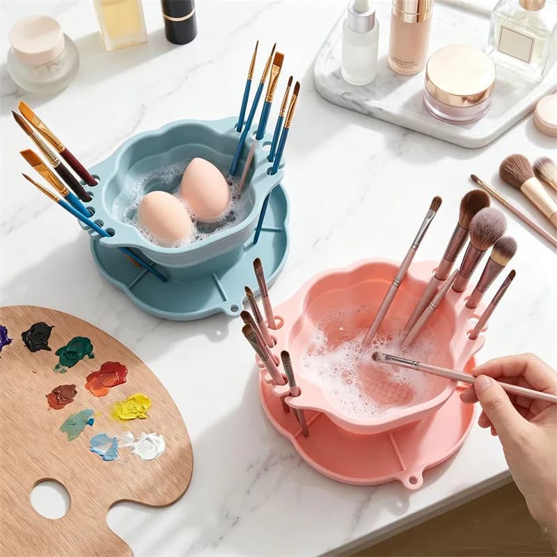 Foldable Cat Paw Silicone Makeup Brush Cleaning Bowl Portable Collapsible Makeup Sponge Washing Scrub Mat with Brush Holder Slot