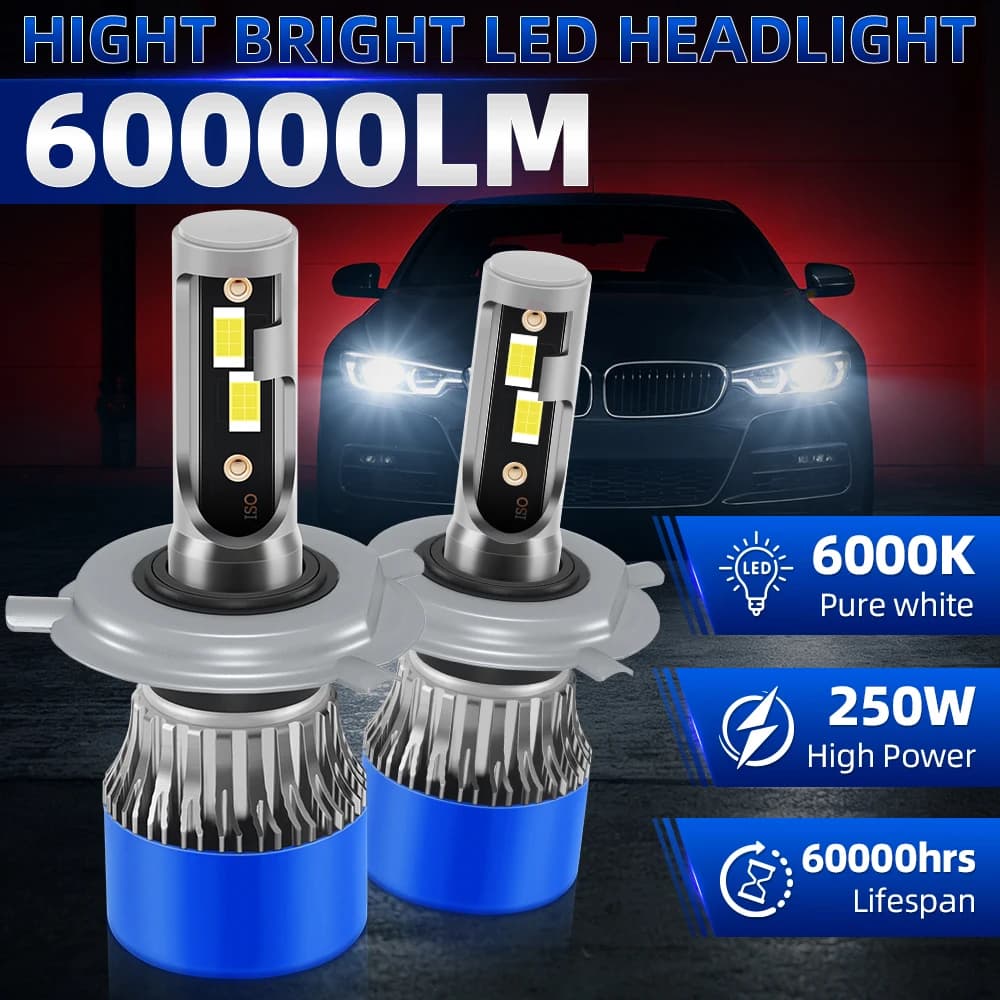 2 Pezzi 250W 60000Lm Luci LED H4 ad Alta Potenza per Fari Auto/Moto Abbaglianti/Anabbaglianti Lampada Automotiva Canbus CSP 6000K Lampadine Plug&Play