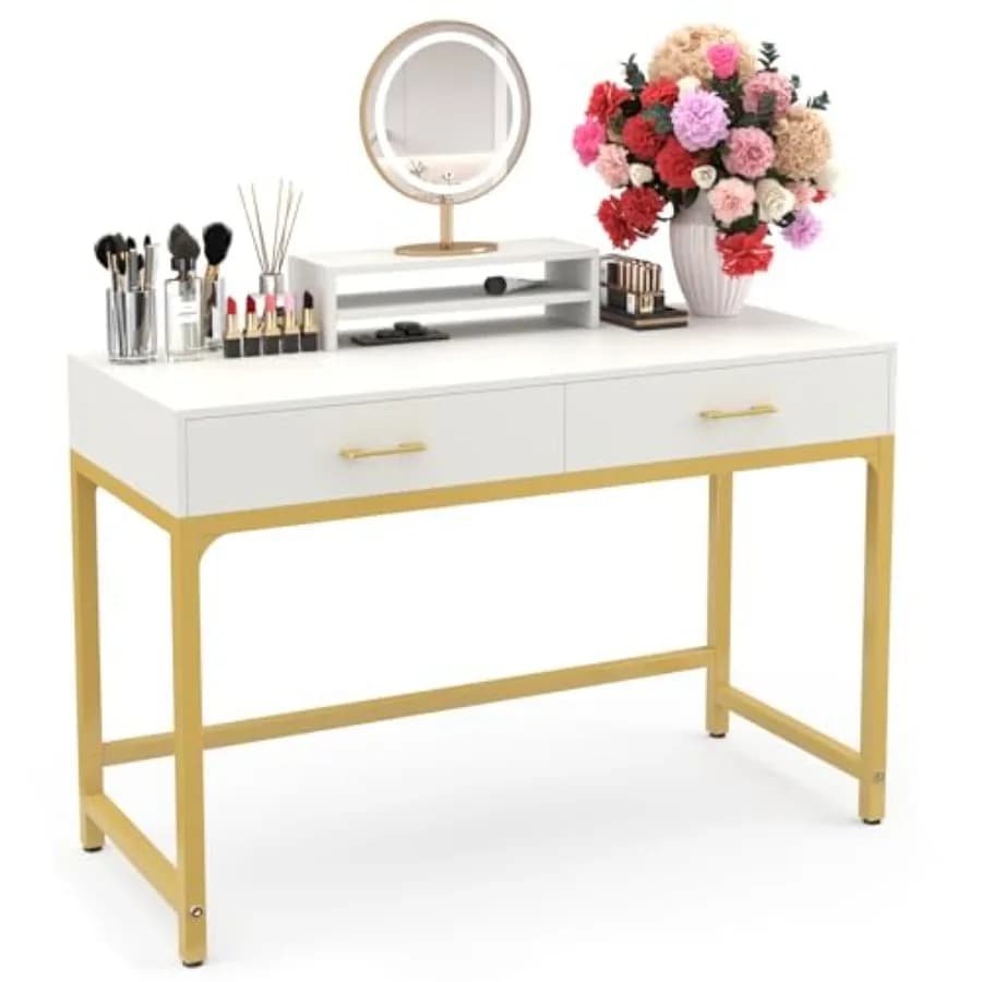 Scrivania per Trucco da Donna con 2 Cassetti, Scrivania in Legno per Casa e Ufficio, Supporto per Monitor Bianco, Ripiano Portaoggetti Senza Specchio, Ottimo Regalo