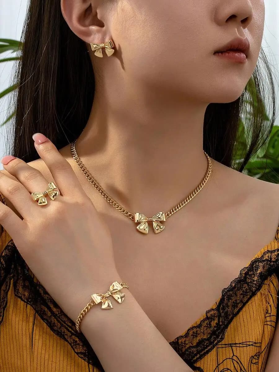 5pcs Fashion Bow Bracelet, Necklace, Ring, Earring Women Jewelry Set, Elegant & Charming For Everyday Wear
