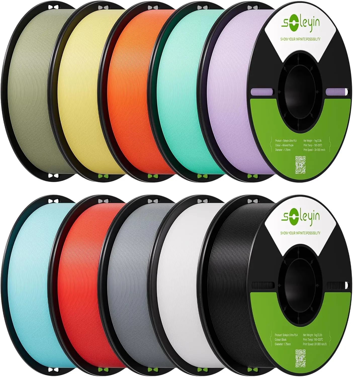 PLA Filament 1.75mm 10 Pack 10KG, 3D Printer Filament 1kg Spool Each, Neatly Wound & Tangle-Free, High-Speed Printing, ±0.02mm Accuracy, Strong Adhesion, 10 Colors for FDM Printers