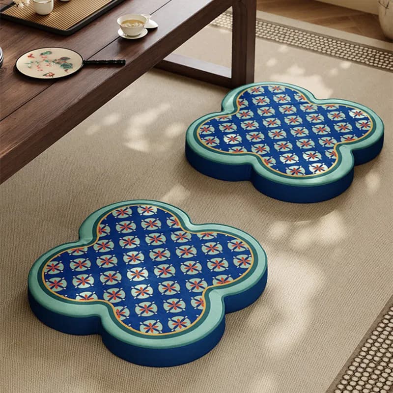 Chinese Clover Shape Floor Cushion, Blue Traditional Geometry Pattern Thickened Meditation Cushion, Soft Floor Pillow Tatami