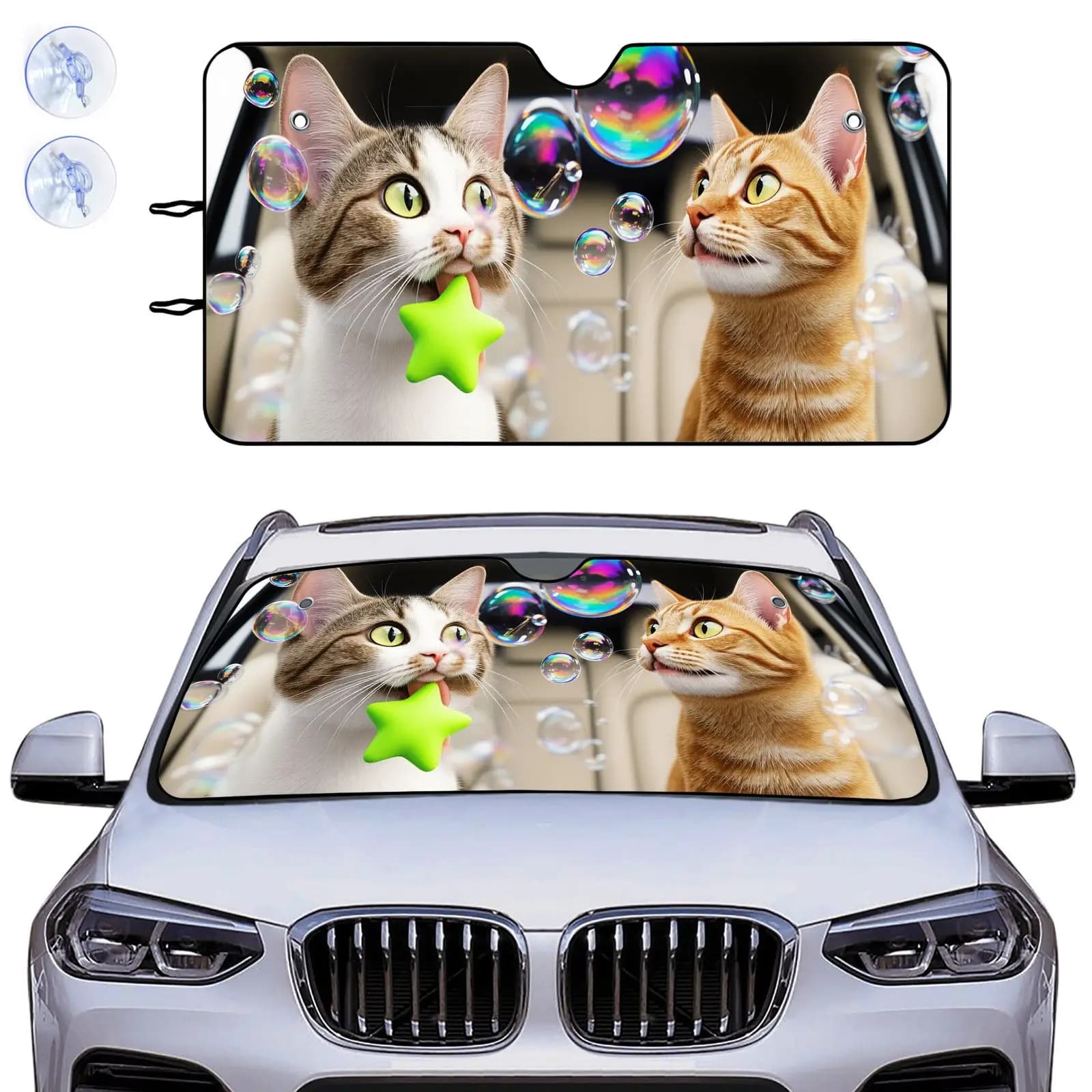 Car Windshield Sun Shade | Cute Cats And Bubbles Print, Aluminum Material, Universally Applicable, UV Shielding, Birthday Gifts