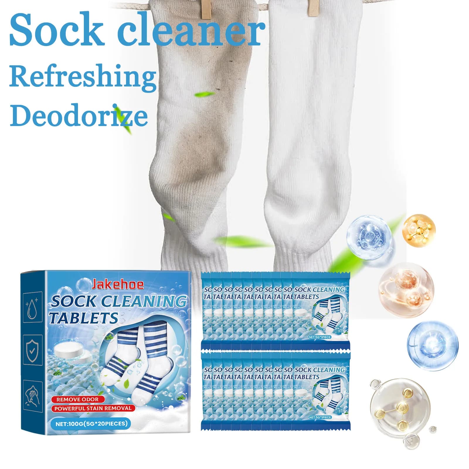 20PCS Sock Cleaning Tablets Gentle Remove Stubborn Stains Eliminate Bad Odors Refreshing Effective Dissolve Dirts Sock Cleaner