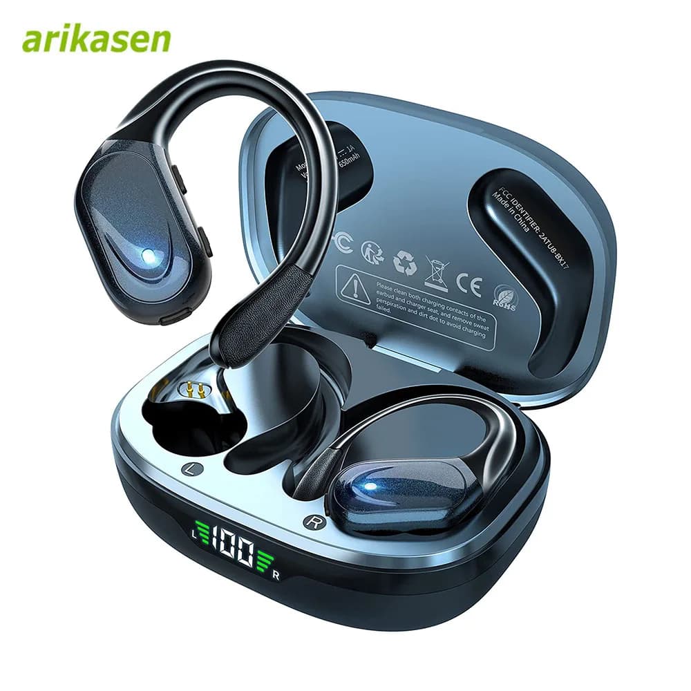 Auricolari wireless Sport Cuffie Bluetooth 5.3 con microfono con cancellazione del rumore 75H HiFi Stereo Over Ear Bud Display a LED USB-C IPX6