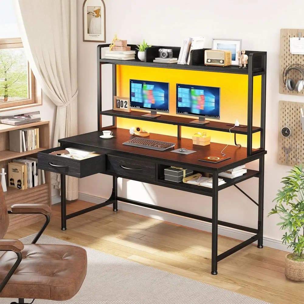 Scrivania da ufficio nera 39.4 con supporto per monitor e presa di corrente, scrivania da gaming con LED e vano superiore, scrivania per computer con spazio contenitivo per l'home office