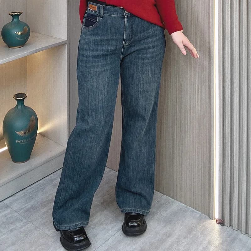 Plus Szie Donna Jeans dritti ispessimento foderati in pile Inverno caldo allentato Vintage Blu Casual Pantaloni a gamba larga a figura intera 6529-1