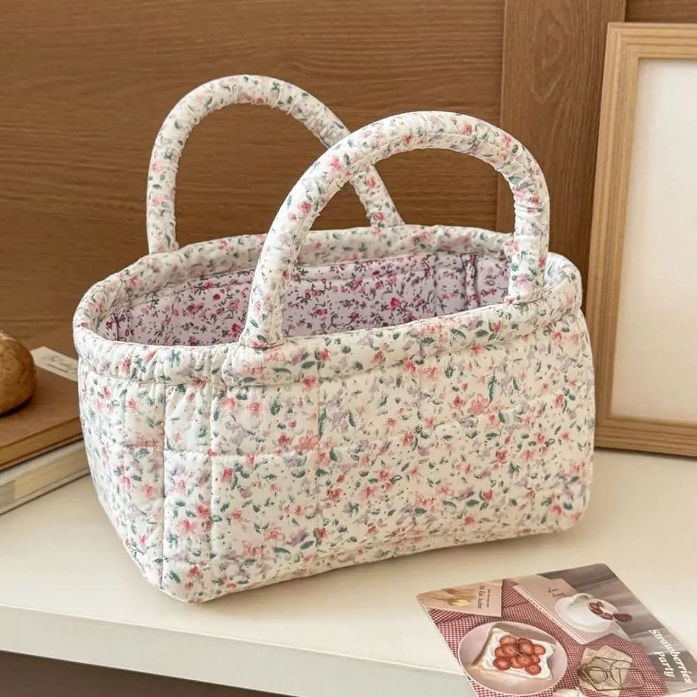 Quilted Quilted Storage Basket Dual Handles Fabric Foldable Fabric Basket Rectangular Floral Print Laundry Basket With Handles