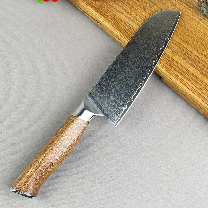 Santoku knife 7 inch stainless steel blade Damascus VG10 67 layers Wooden handle Vegetable slicer Mannaia Meat sharp knife Japanese cuisine