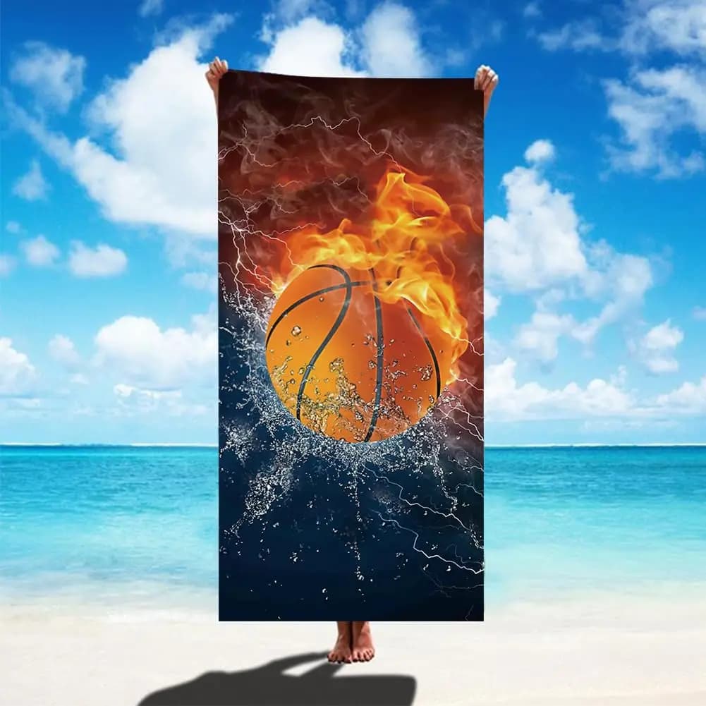 Asciugamano da spiaggia con stampa basket, design Cool Fire, in morbida microfibra, ad asciugatura rapida per adulti e bambini, ideale per piscina, viaggi e bagno.
