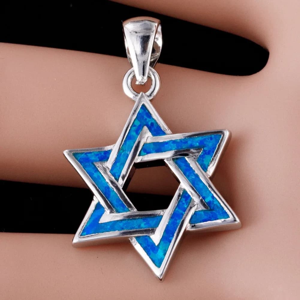 KONGMOON Stella di David Oceano Opale di fuoco blu Gioielli placcati in argento per donna Ciondolo per collana