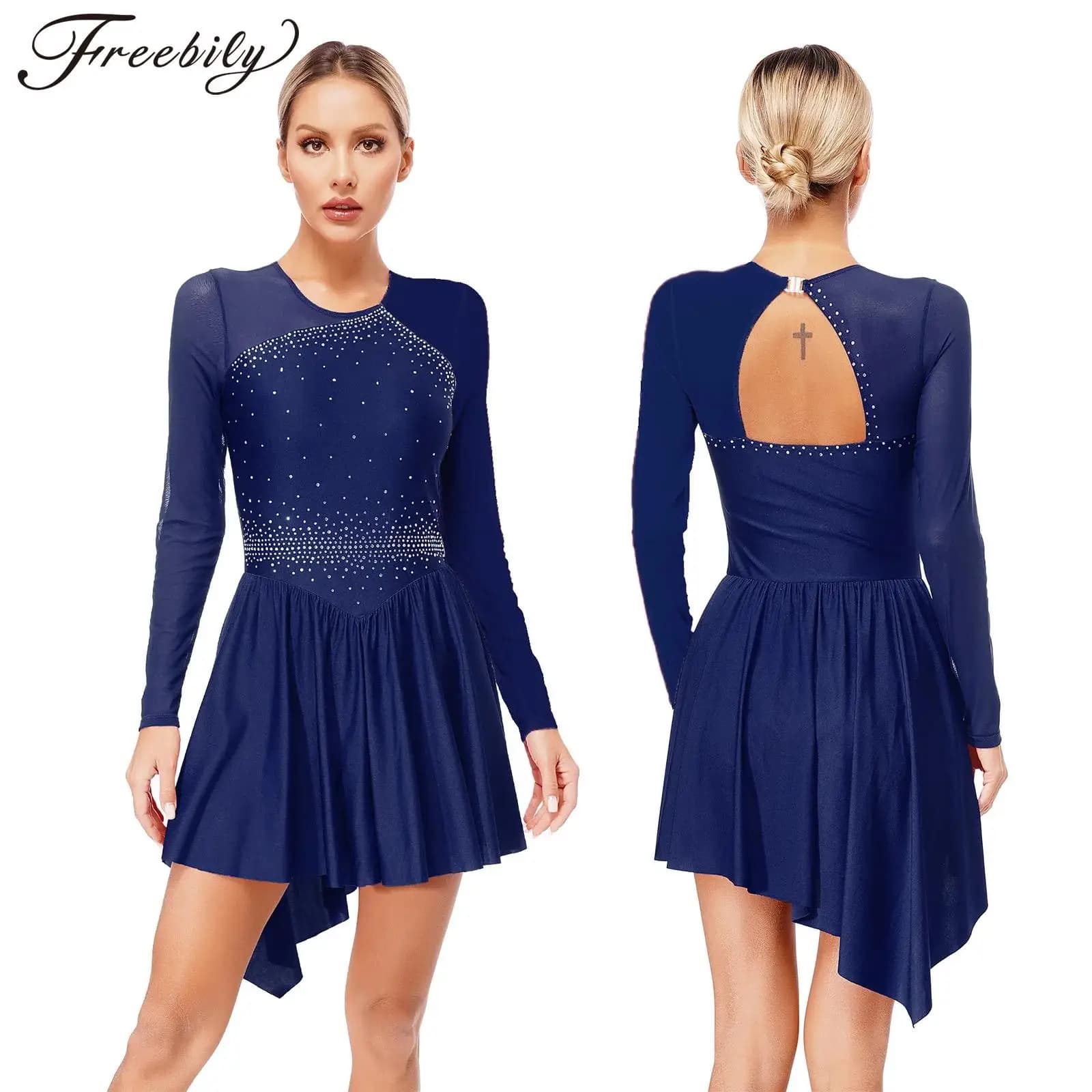 Abito da pattinaggio di figura a maniche lunghe da donna Danza lirica Balletto Ginnastica Dancewear Abiti body in rete trasparente con strass lucidi