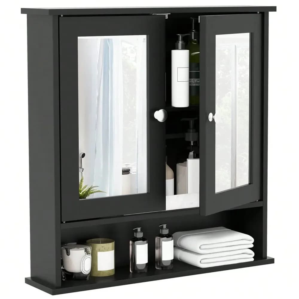 Armadietto a Specchio da Parete per Bagno, Organizzatore per Medicinali, Bianco, Grigio, Marrone, Nero