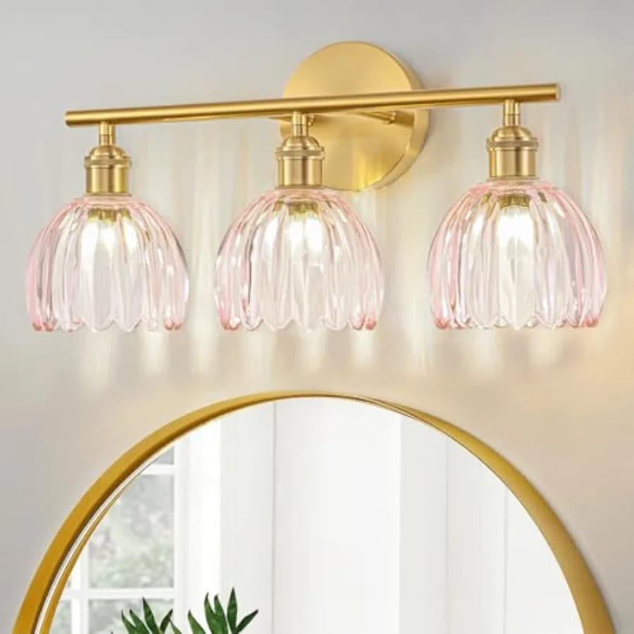 Lampada da Bagno Dorata Sopra Specchio, 3 Luci, con Paralume in Vetro Rosa Tulipano, Stile Vintage