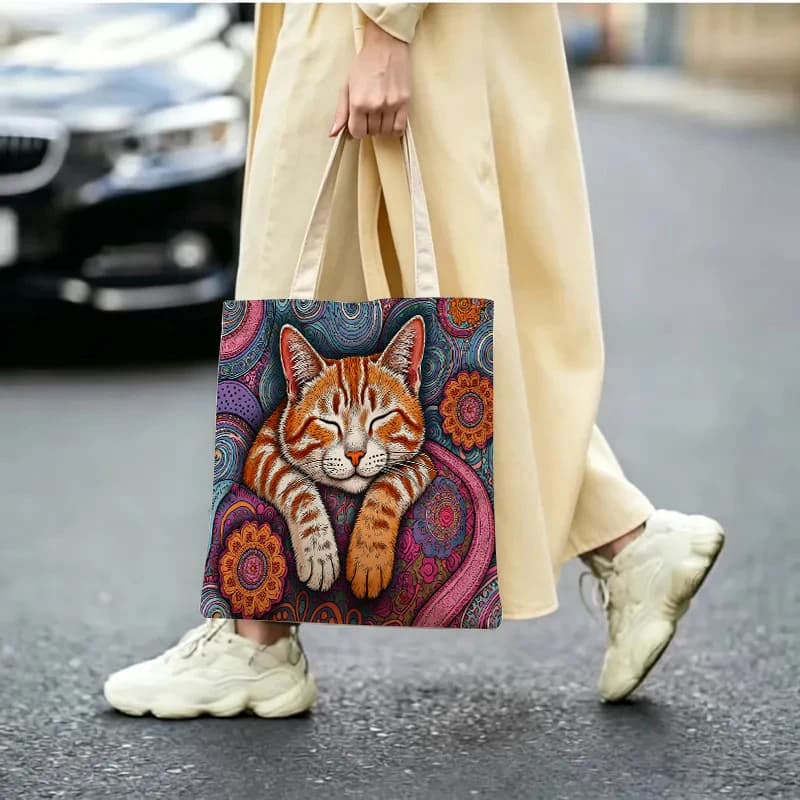 1PC【Tote Bag】2DFlat effect Bohemian style lazy sleeping orange mandala floral pattern new large-capacity tote bag，Suitable f