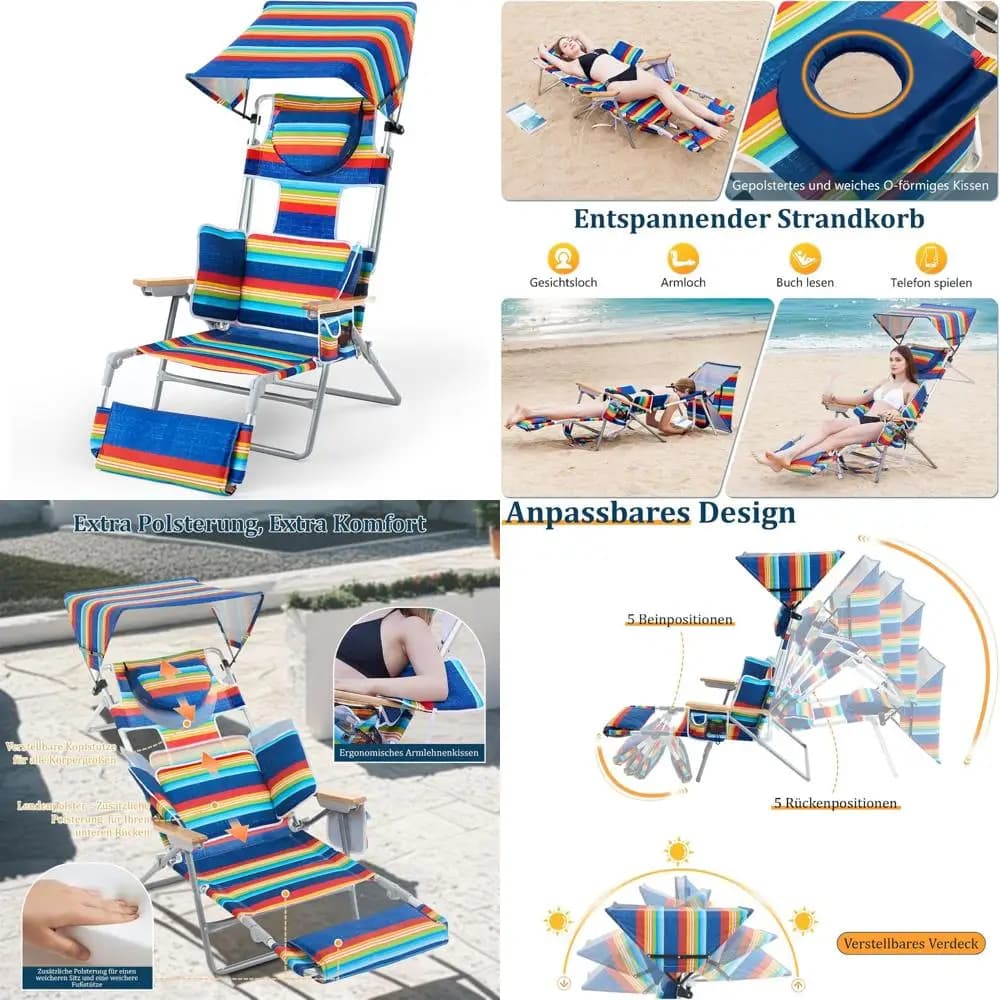 Lettino da spiaggia 4 in 1 con baldacchino, sedia abbronzante, fori per il viso e le braccia, cuscino lombare e braccioli reclinabili per un massimo relax
