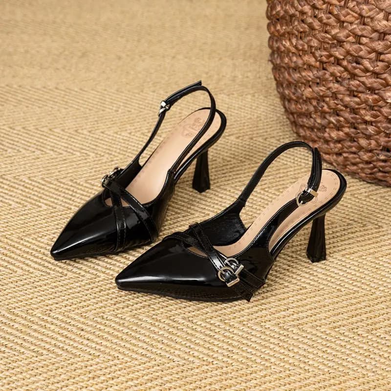 SIMLOVEYO 2025 Shiny Female Sandals Pointed Toe Thin Heels 9cm Back Buckle Strap Big Size 45 46 47 Fashion Party Women Shoes