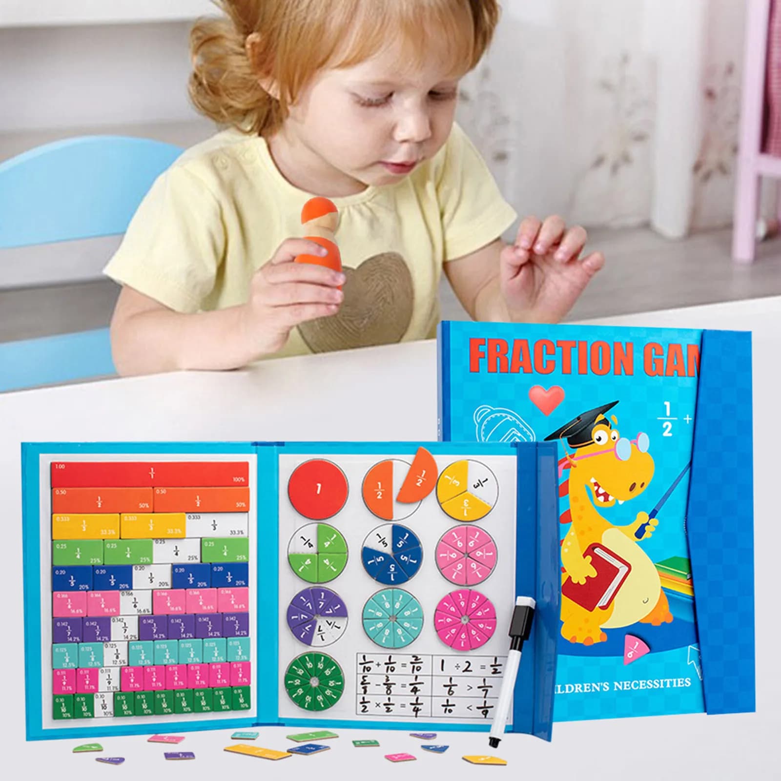 Puzzle Educativo Montessori sulle Frazioni, Tessere e Cerchi Magnetici per Frazioni, Libro in Legno sulle Frazioni per Bambini di 4-5 Classe