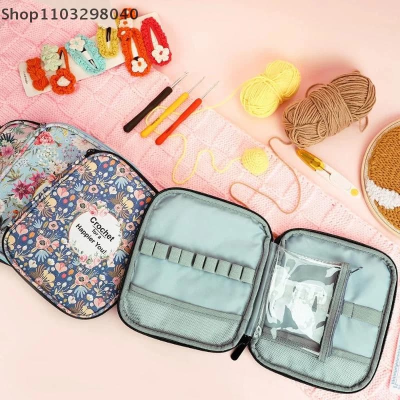 Kit per maglieria floreale a mano, borsa portaoggetti impermeabile stile cerniera con uncinetto, borsa portaoggetti per stampa fai-da-te