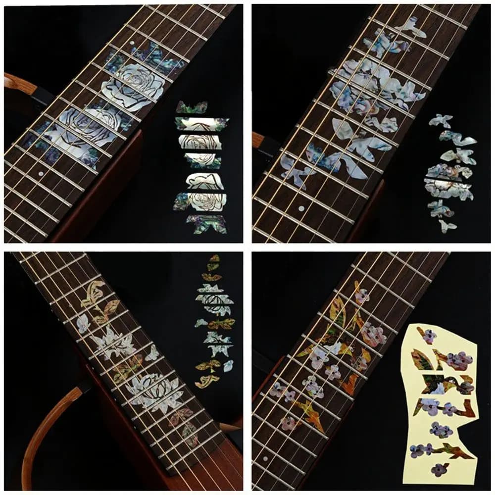 Decorazioni per strumenti musicali 22 stili accessori per chitarra adesivi Ultra sottili decalcomanie con intarsio incrociato adesivo per tastiera