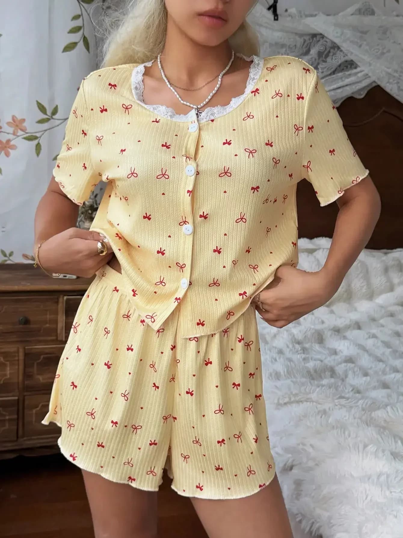 CottageSlumber Women's Romantic Cute 2-Piece Set, Bow Printed Lace Trim Round Neck Short Sleeve Top + Shorts Pajamas Set, Summer