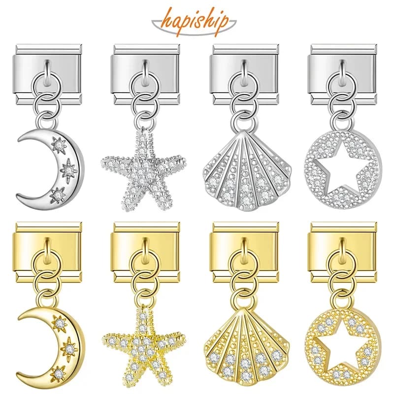 Hapiship 2023 Nuova Margherita Moda Luna Stella Conchiglia Abbagliante CZ Italiano Fascino Collegamenti Misura 9mm Bracciale Gioielli FAI DA TE Che Fanno DJ620