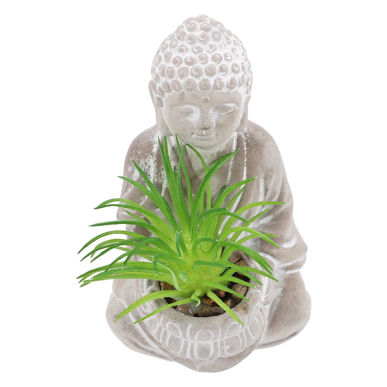 Statue of Buddha in Exterior Cement, Garden Sculpture with Artificial Plants, Quiet Zen Decoration for Garden, Courtyard, Patio and Interior Spaces
