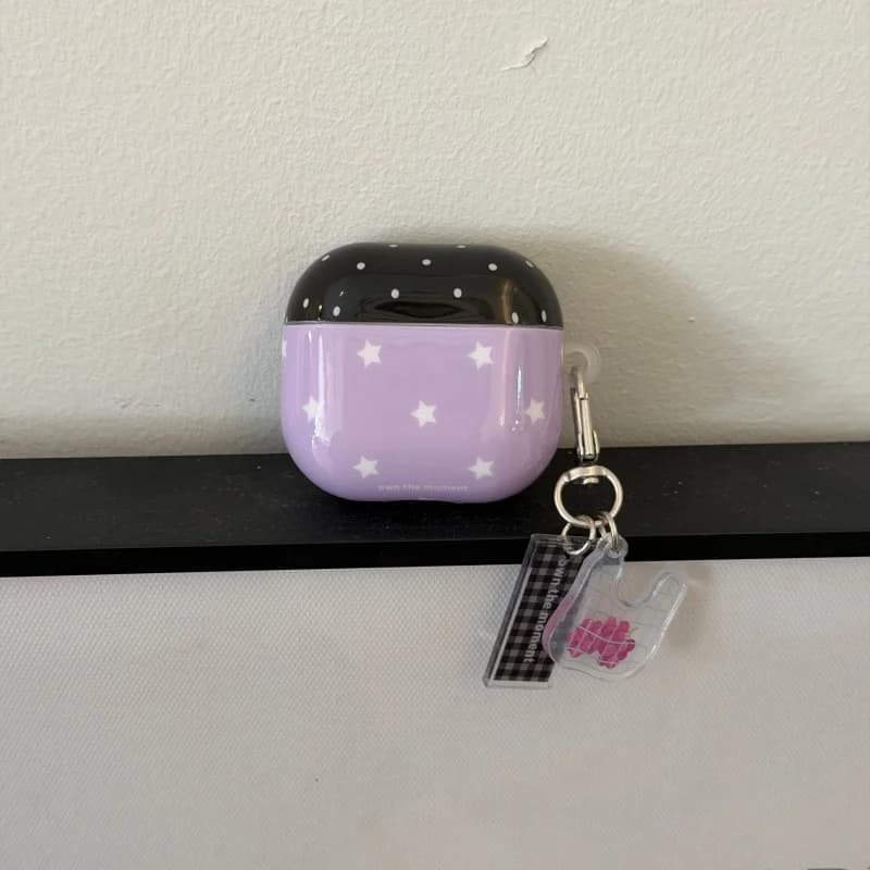 Cute Purple Star Black Polka Dot Earphone Case with Grape Charm for Airpods 1, 2, 3, 4, Pro, Pro2, Pro3