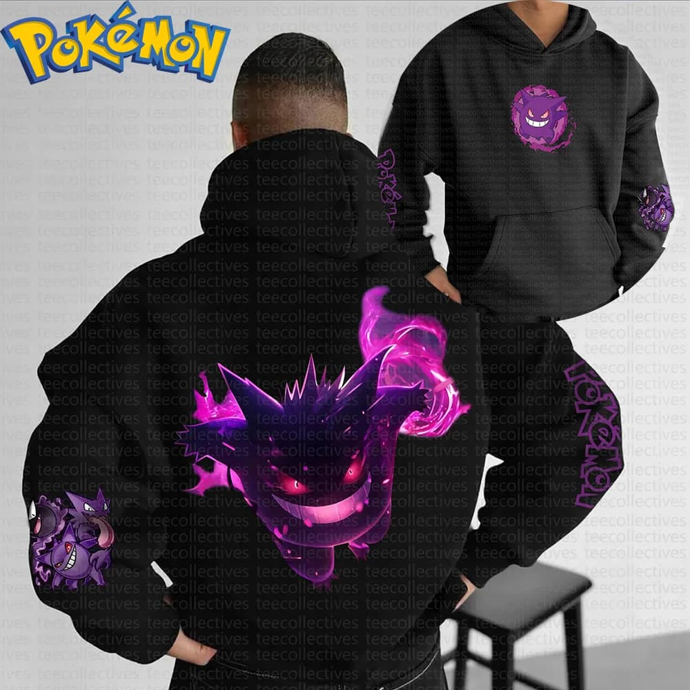 Felpa con cappuccio in cotone Pokemon Anime Gengar Stampa di personaggi di colore nero con modello di effetto energetico incandescente fantasma viola Casual Streetwear