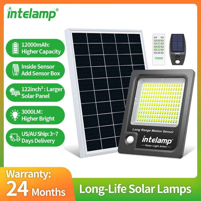 Lampada Solare da Esterno Intelamp 12000mAh 3000LM IP66 con Pannello Solare Maggiorato e Due Sensori di Movimento per Giardino, Strada, Muro, Cortile