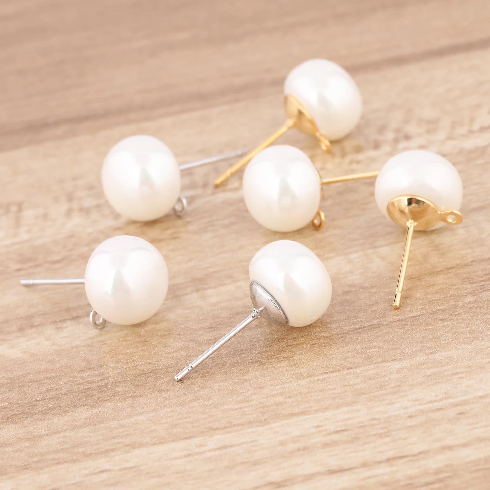 10 pcs Copper White K Plated Gold Pearl Earrings Studs With Ring Tee Earrings Connectors For Jewelry Creation Supply