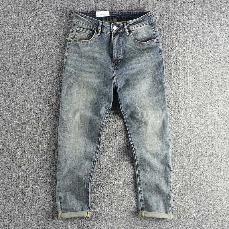 New Premium American Retro INS Trendy Nine Points Jeans Men Slim Fit Casual Pants Cotton Elastic Denim Summer Breathable