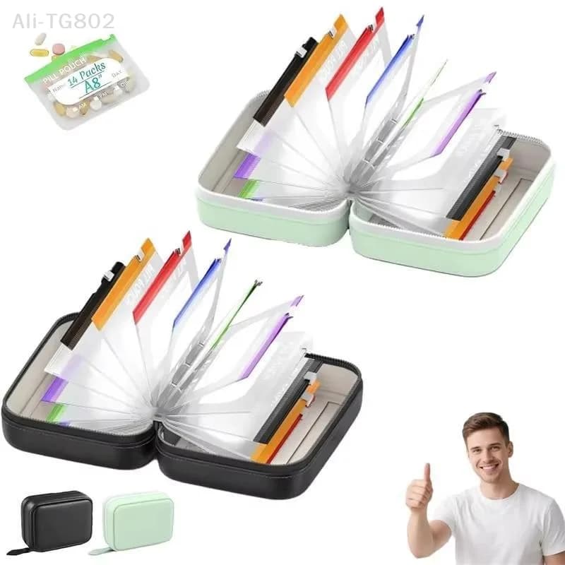 Neosfg 1 Set Writable Labels Waterproof Pill Pouch Kit With 7/14 Color-coded Pouches For Daily Medication Vitamins & Supplements